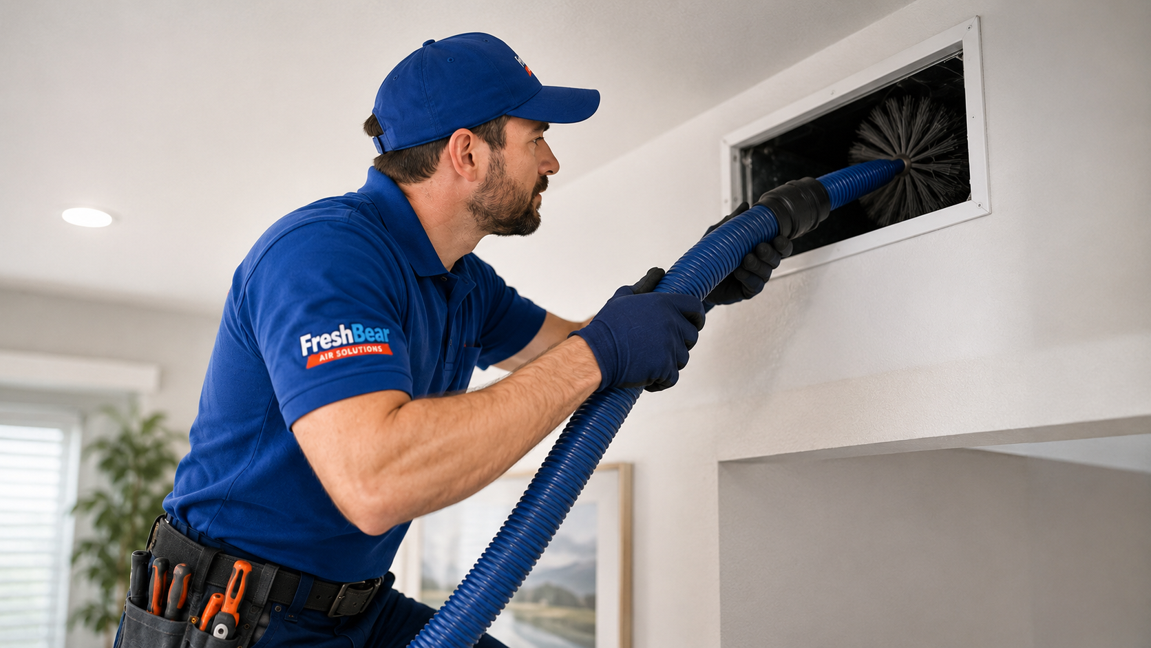 Technician cleaning a residential air duct