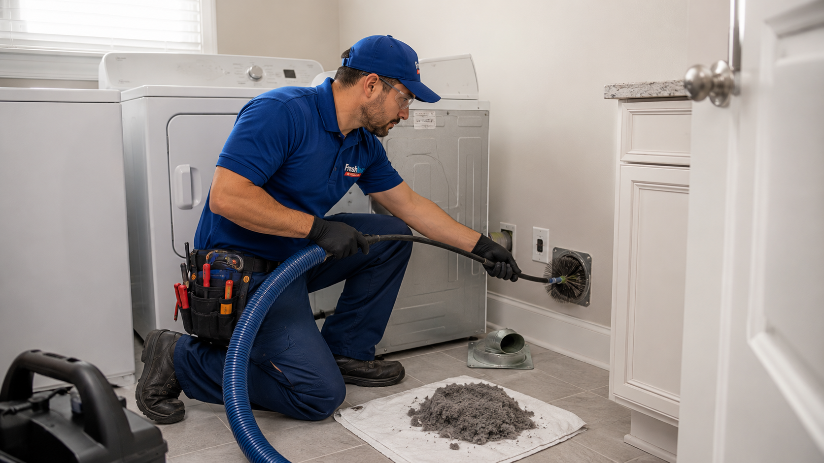 Technician cleaning a home dryer vent