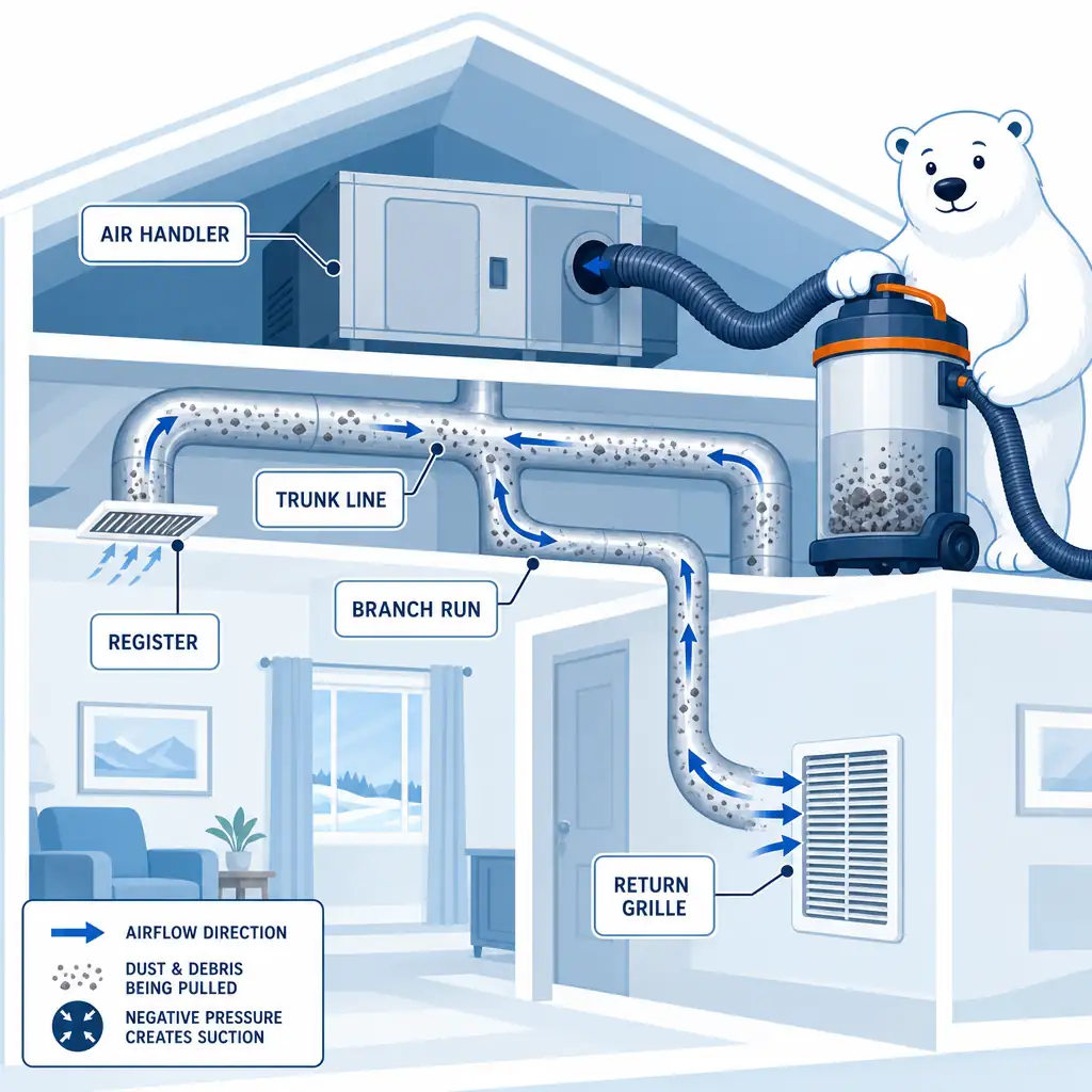 Diagram of supply and return ducts explaining air duct cleaning benefits inside a home HVAC system