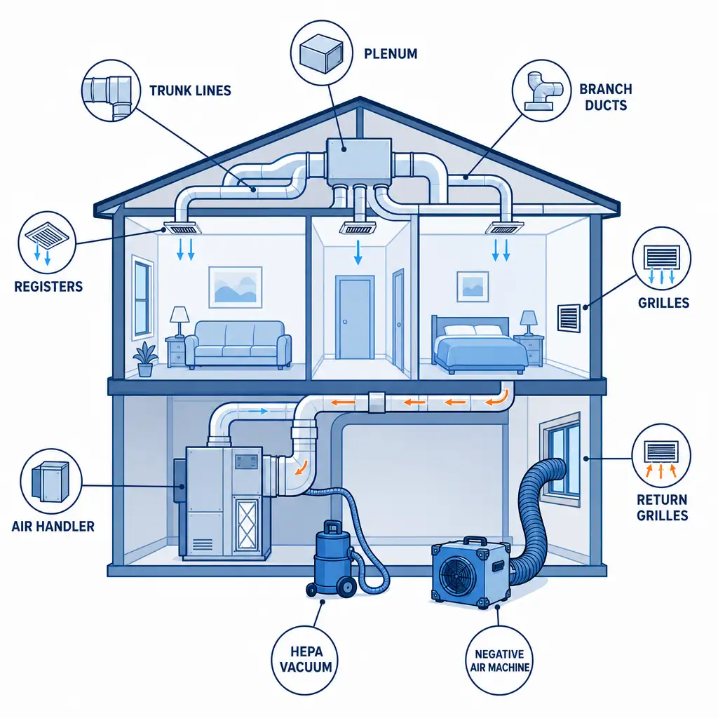 Diagram of air duct cleaning cost on Long Island with supply ducts, returns, trunk lines, and vents