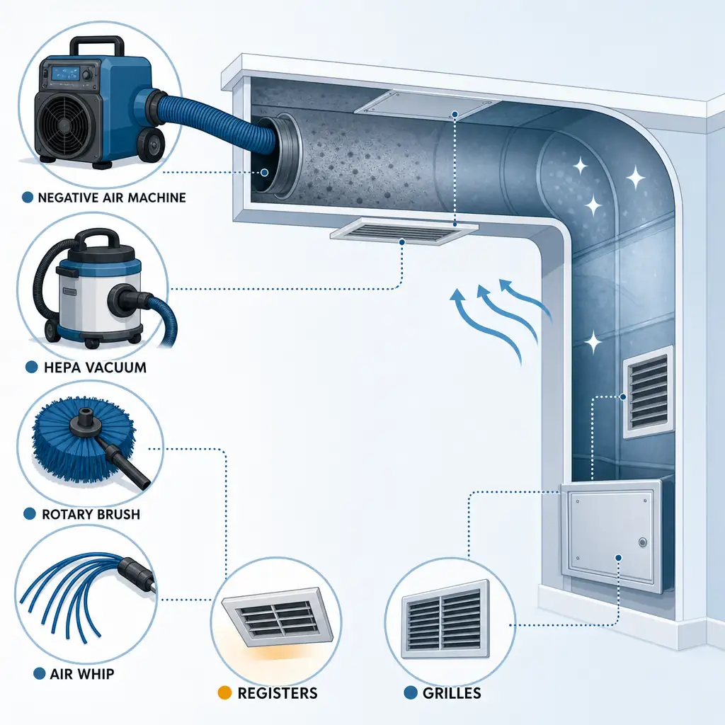 Labeled equipment graphic for air duct cleaning cost in Nassau County with vacuum and brush tools