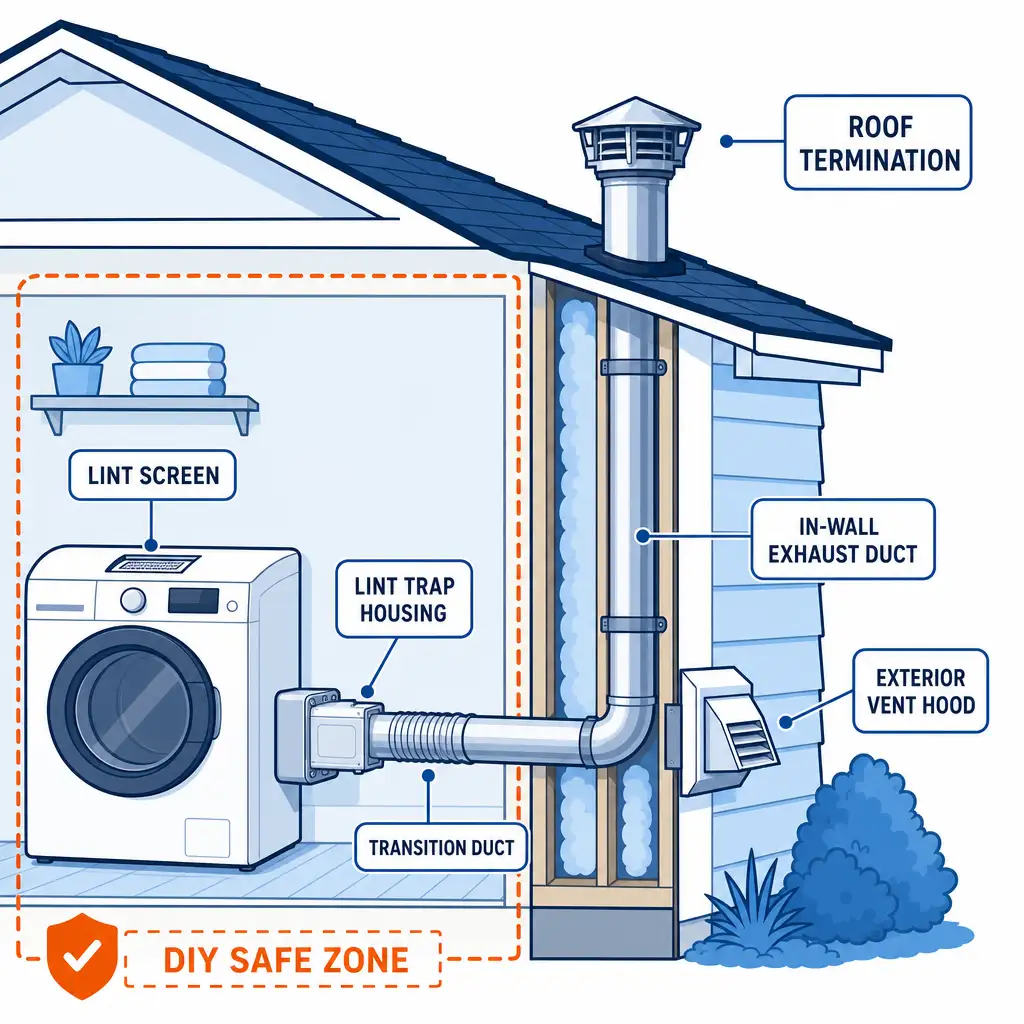 Labeled diagram showing which parts are safe when you clean a dryer vent yourself