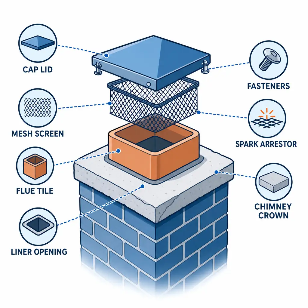 Diagram of chimney cap Long Island homes use showing lid, mesh, flue tile, and crown