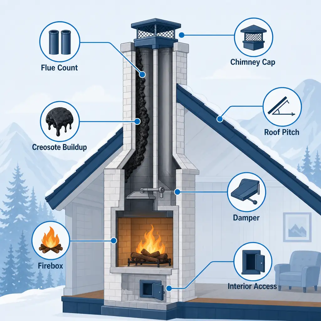 Labeled chimney diagram showing chimney sweep cost on Long Island factors like flue count and roof access