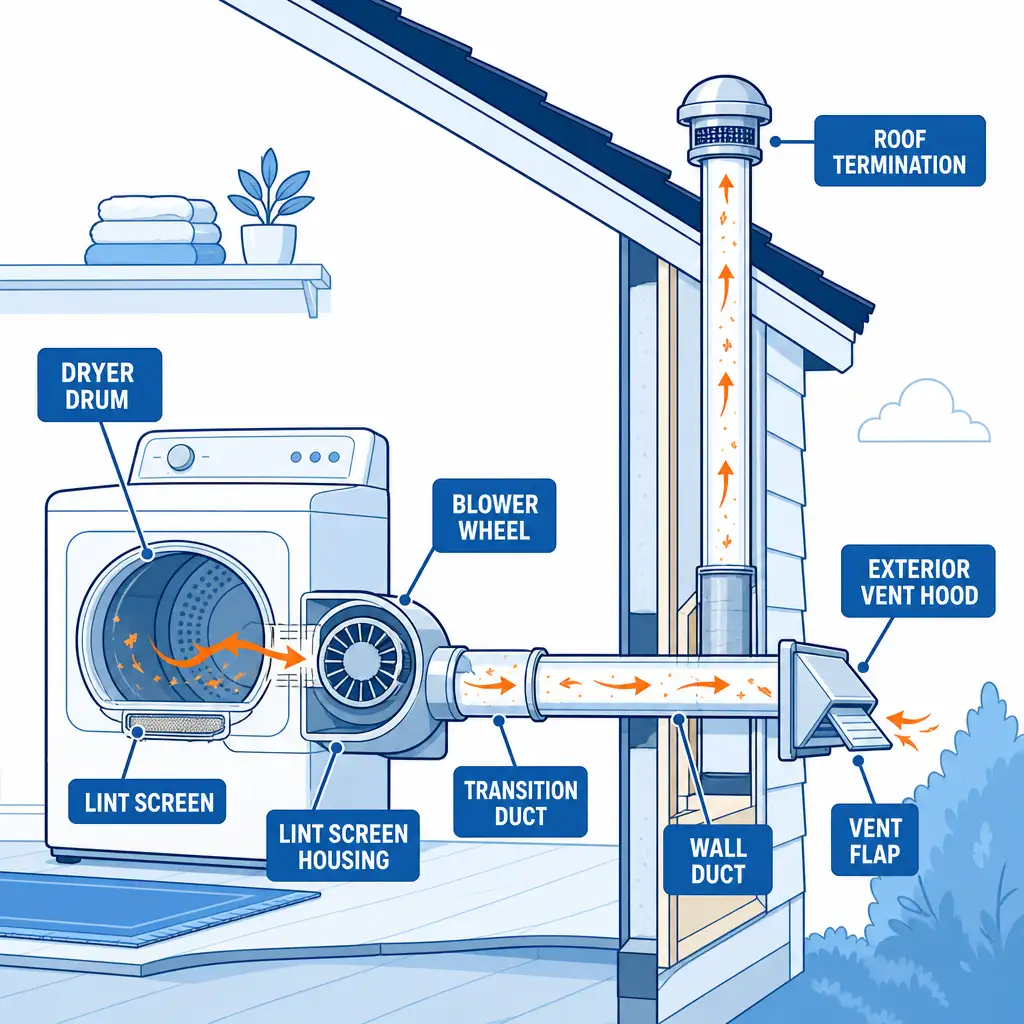 Dryer vent cleaning vs lint trap airflow diagram showing lint screen, duct, and exterior hood