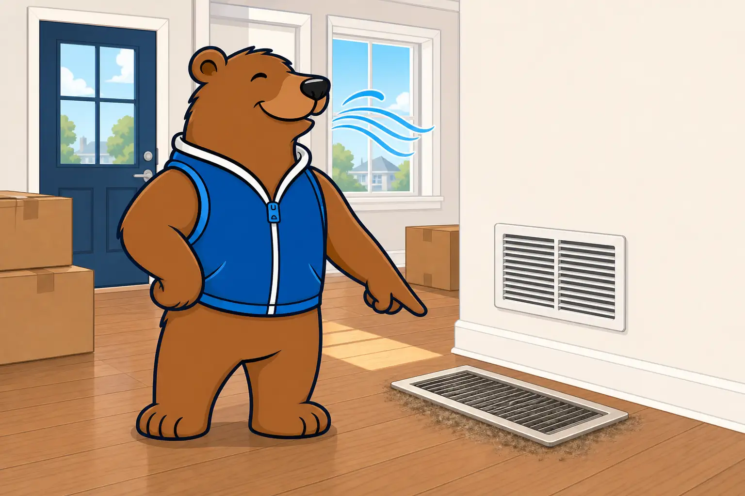 Guide checking a vent for duct cleaning before moving in Long Island with boxes nearby