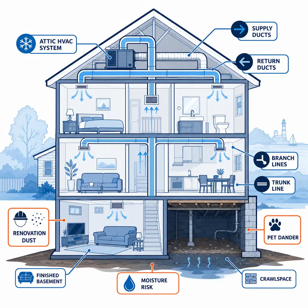 Diagram of duct cleaning before moving in Long Island showing dusty returns and clean supply paths