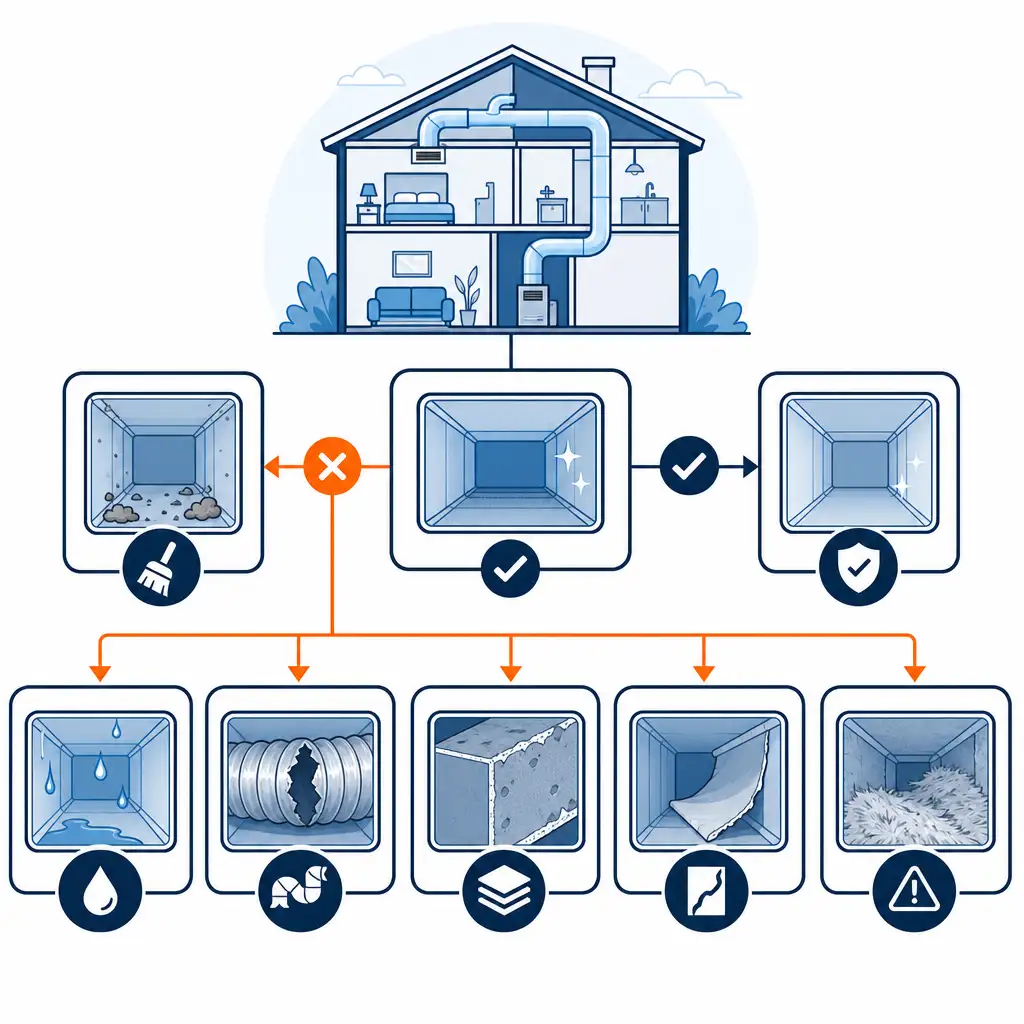 Decision tree for duct cleaning vs replacement based on damage, moisture, material, and debris findings