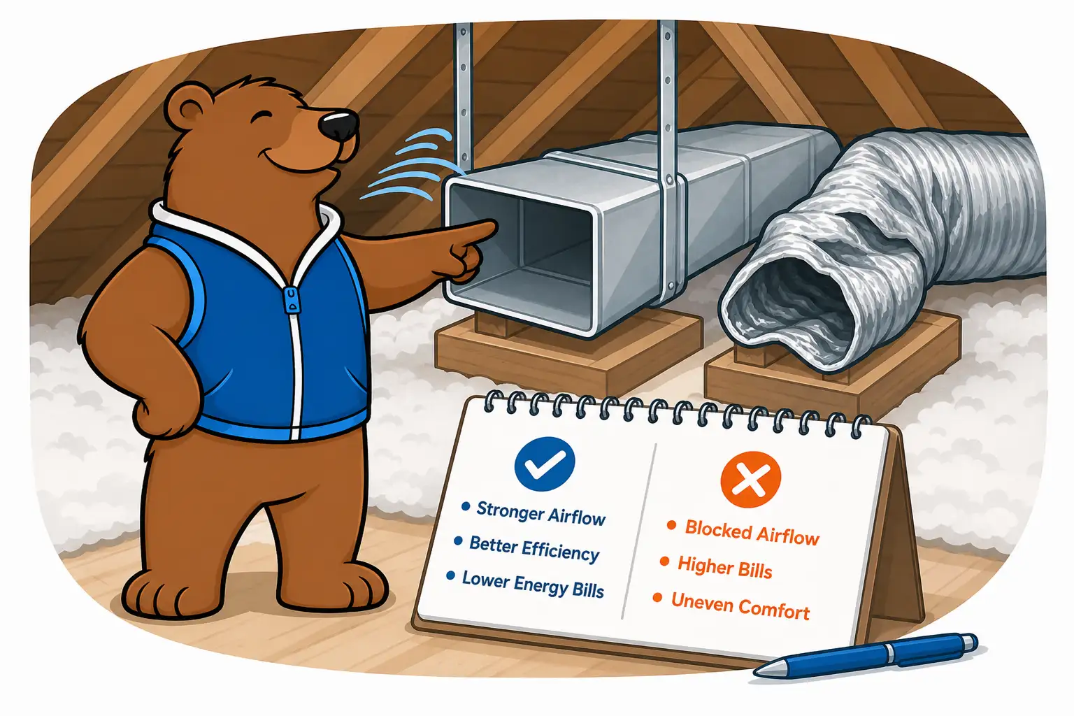 Duct cleaning vs replacement decision scene showing intact ductwork and damaged flex duct in a Long Island attic