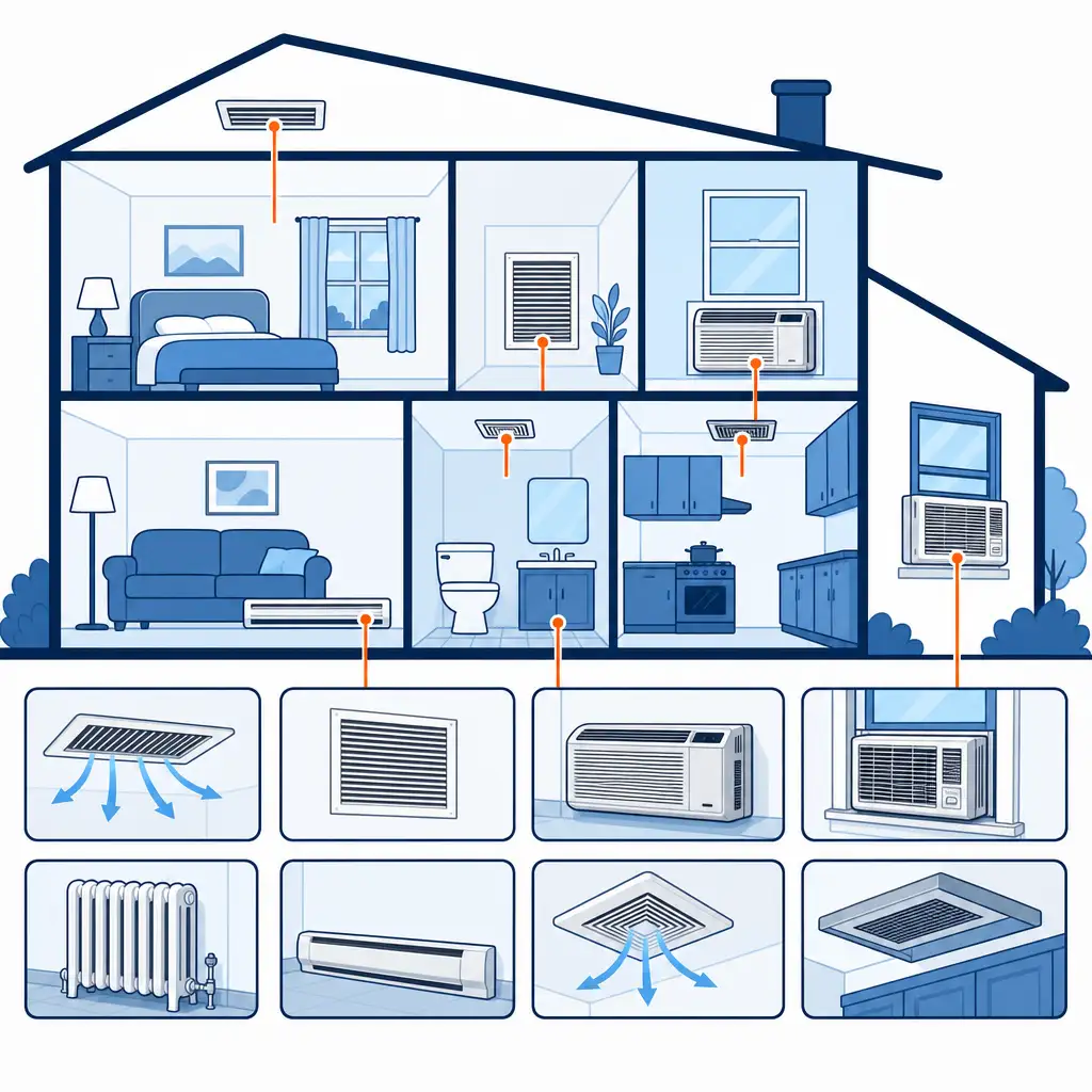 Diagram of dust coming from vents apartment sources, comparing supply registers, returns, PTACs, and exhaust grilles
