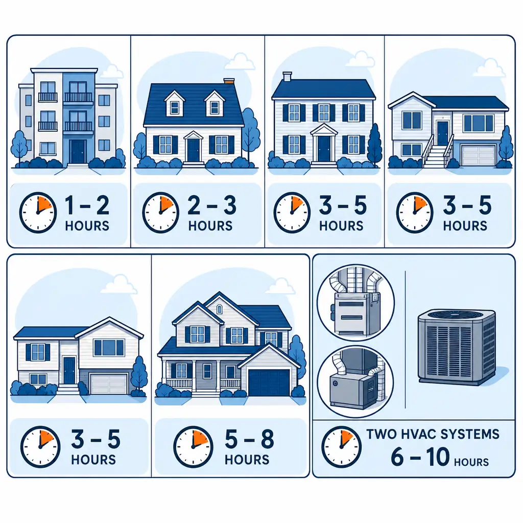 Timing chart for how long does air duct cleaning take by home type and HVAC system count