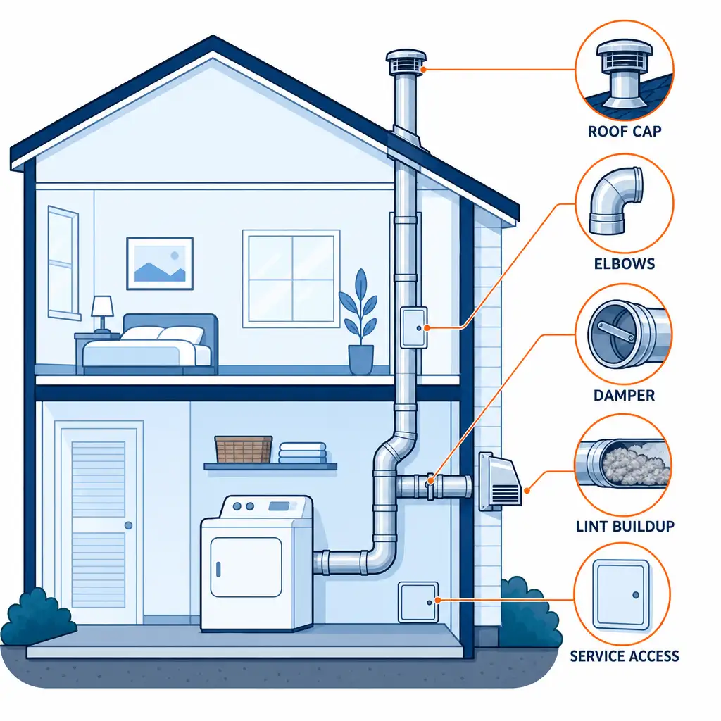 roof vs wall dryer vent Long Island diagram showing vertical roof run and shorter side wall route