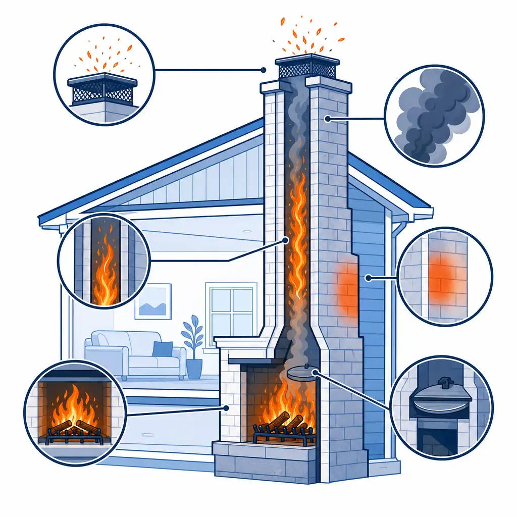 Diagram showing signs of a chimney fire from roaring flue noise to sparks at the chimney cap