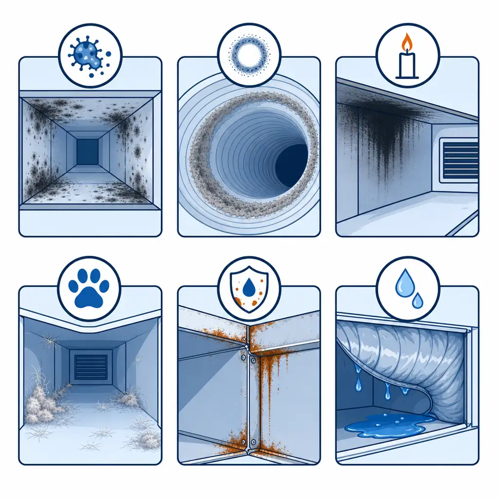 Signs of mold in air ducts Suffolk County checklist comparing mold, dust, soot, and moisture