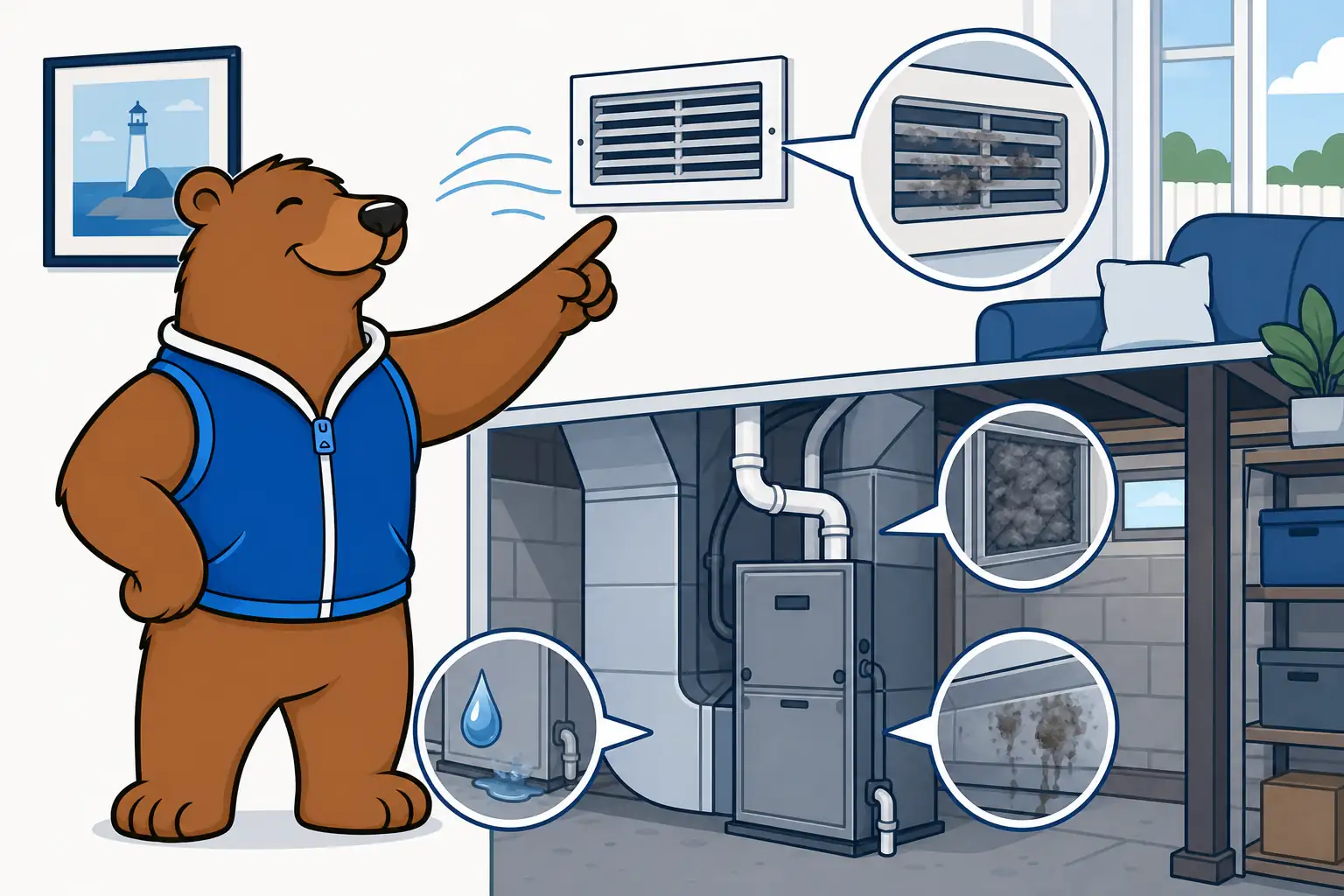 Signs of mold in air ducts Suffolk County guide showing a vent, air handler, and moisture clues