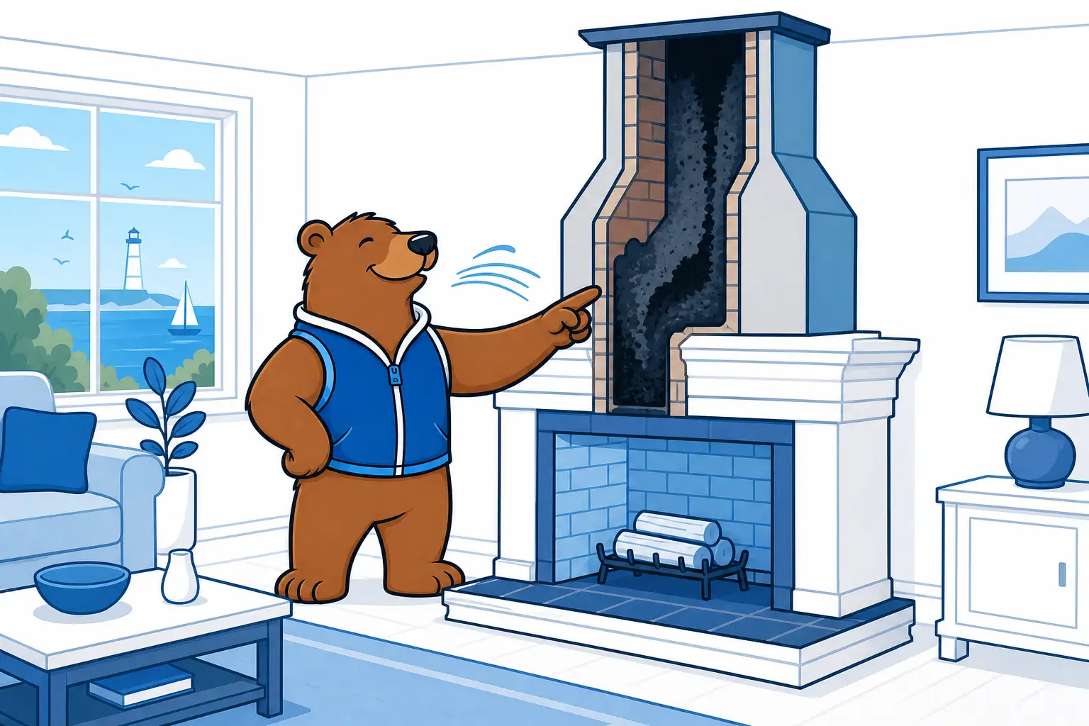 Friendly guide showing creosote buildup inside a Long Island chimney flue above a fireplace