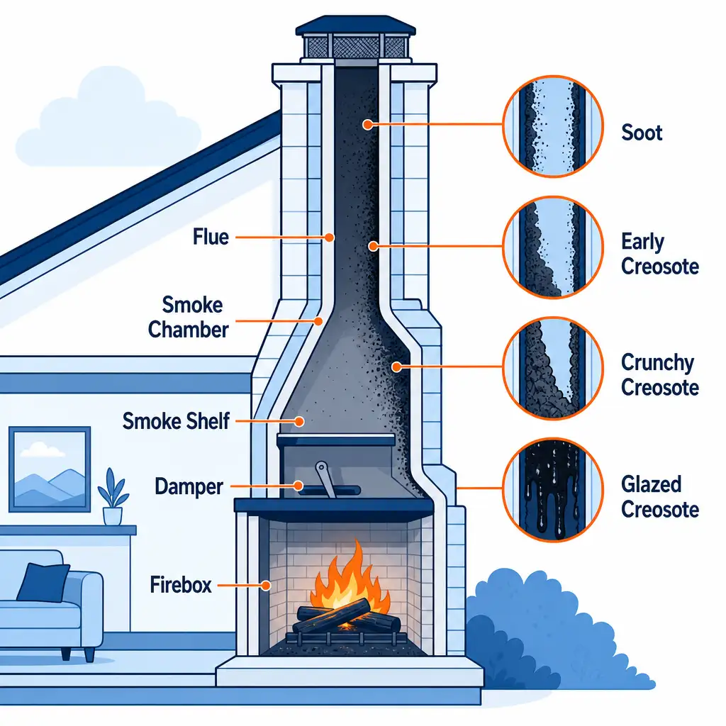 Labeled diagram of soot, glazed creosote, and creosote buildup inside a chimney flue