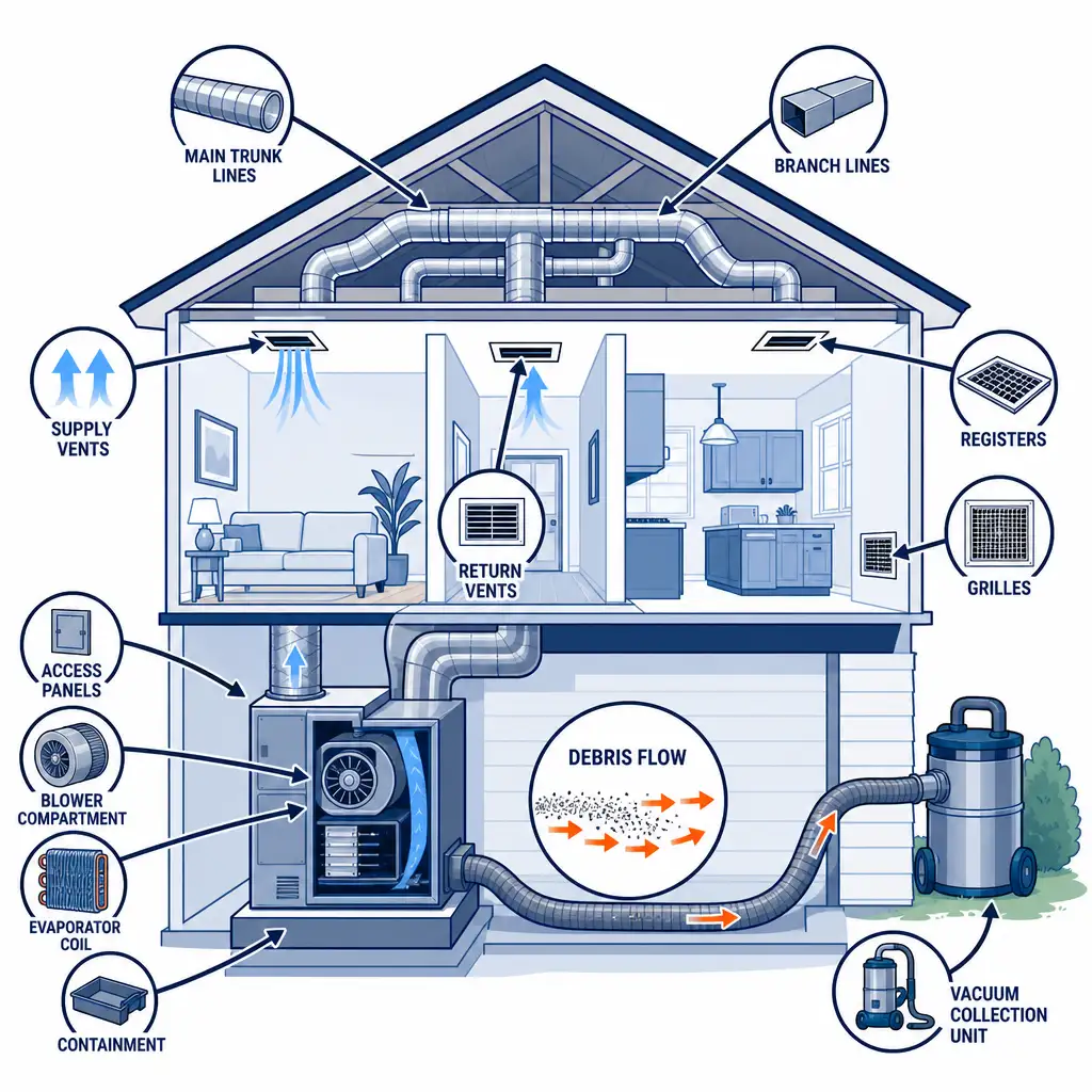 Diagram showing why do duct cleaning quotes vary by included vents, returns, trunk lines, and air handler